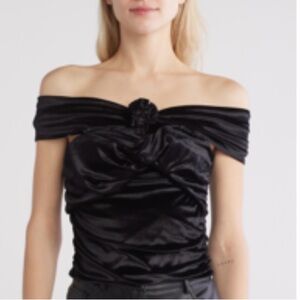 WAYF Rosette Off the Shoulder Black Velvet Top with side zipper.